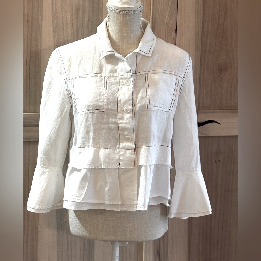 For Cynthia White Linen Jacket | Rainbow Stitching | Cropped. Women’s PM